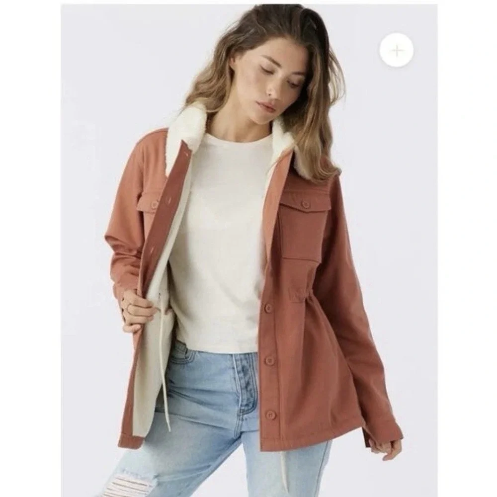 Hang‎ Ten Sherpa Lined Jacket Women M Button Front Utility Coat Salmon Rust Tan
